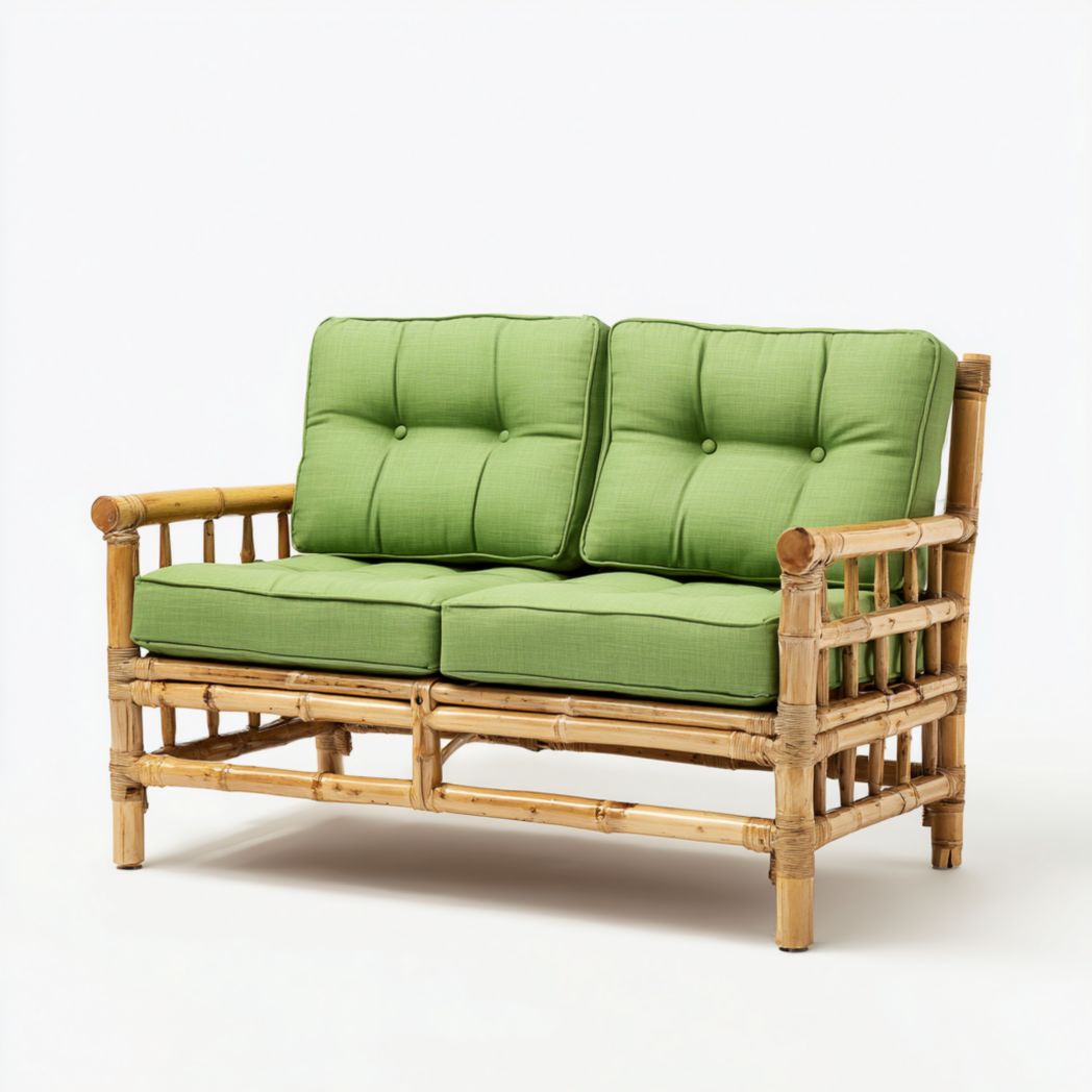 Canapé de jardin 2 places en bambou naturel avec coussins verts