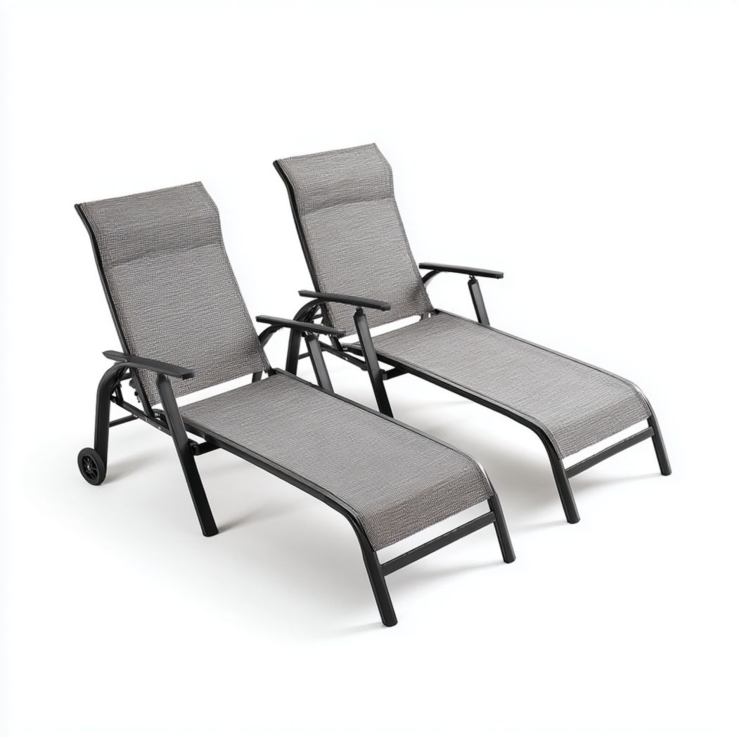 Lot de deux bains de soleil structure noire avec assise en toile grise
