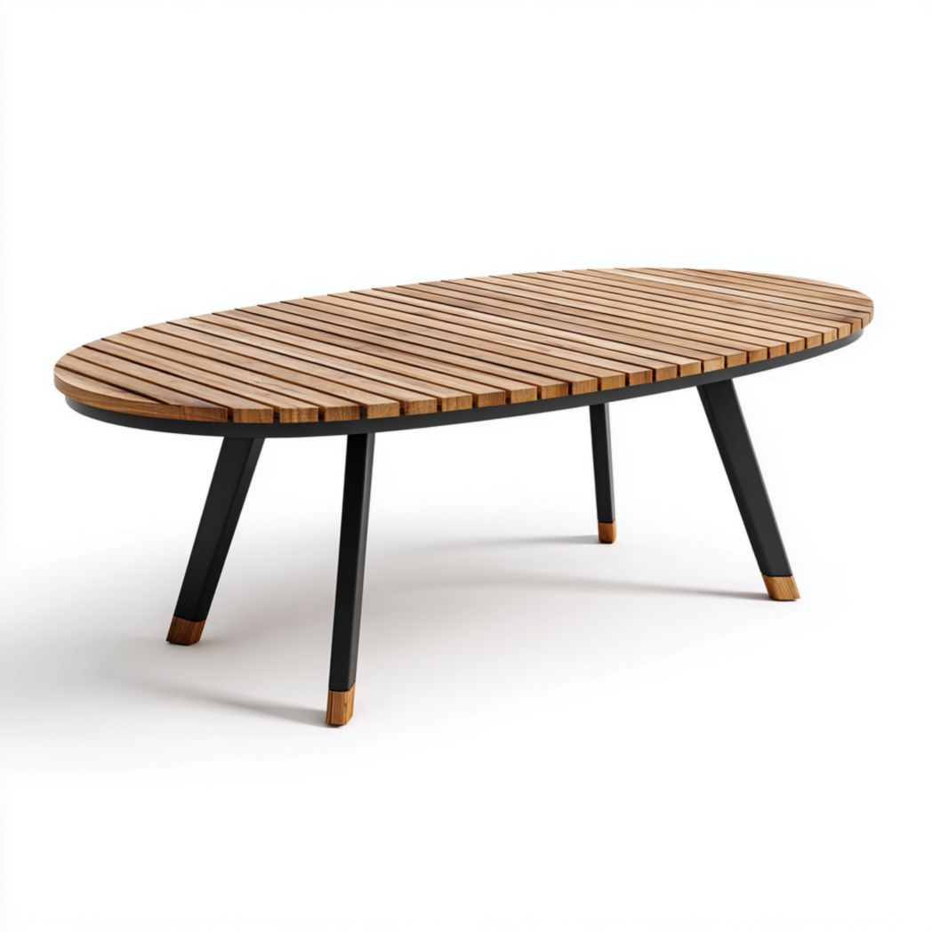 Table de jardin ovale avec cadre noir à pieds inclinés et plateau en lattes de bois marron clair