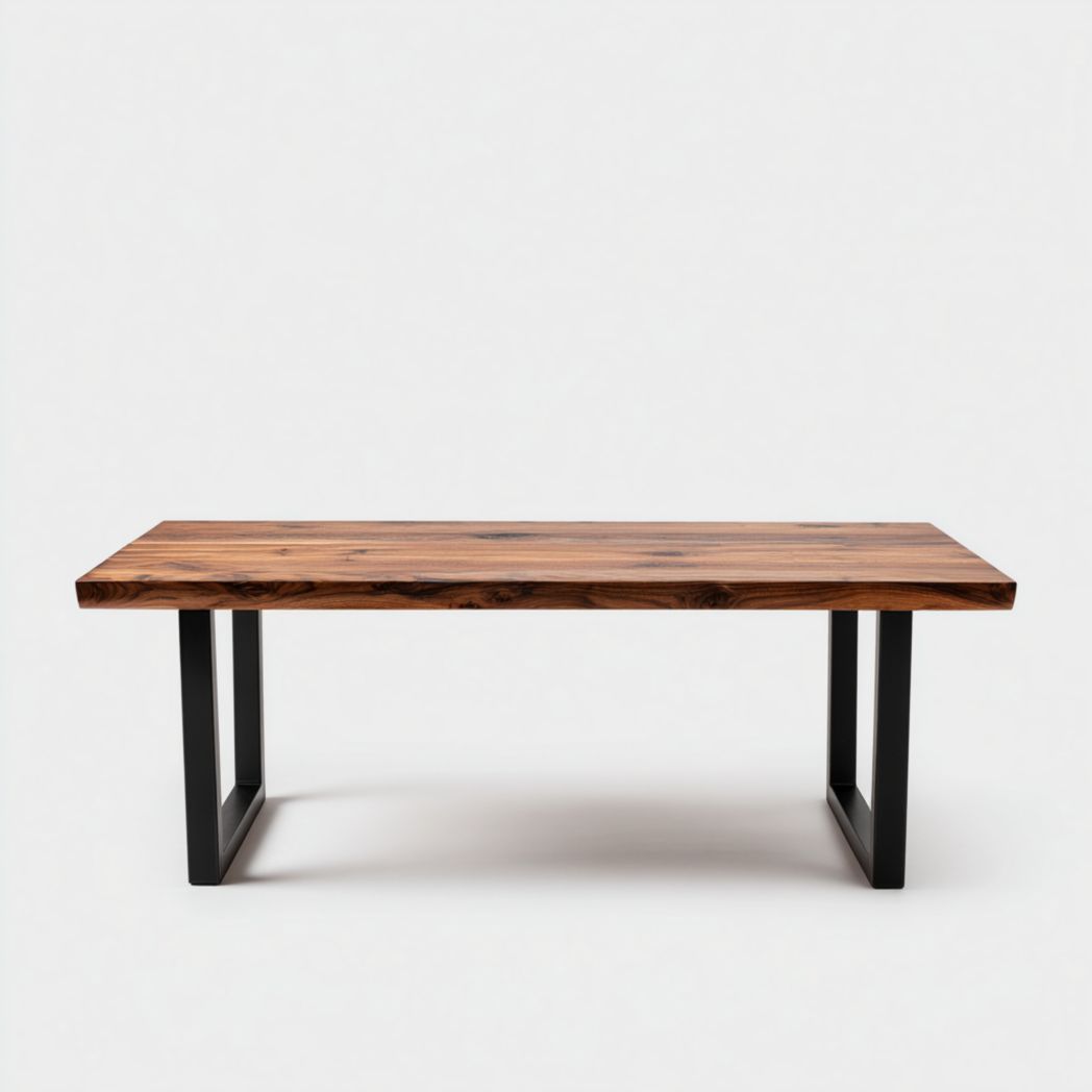 Table à manger rectangulaire plateau bois brun veiné avec piètement en métal noir