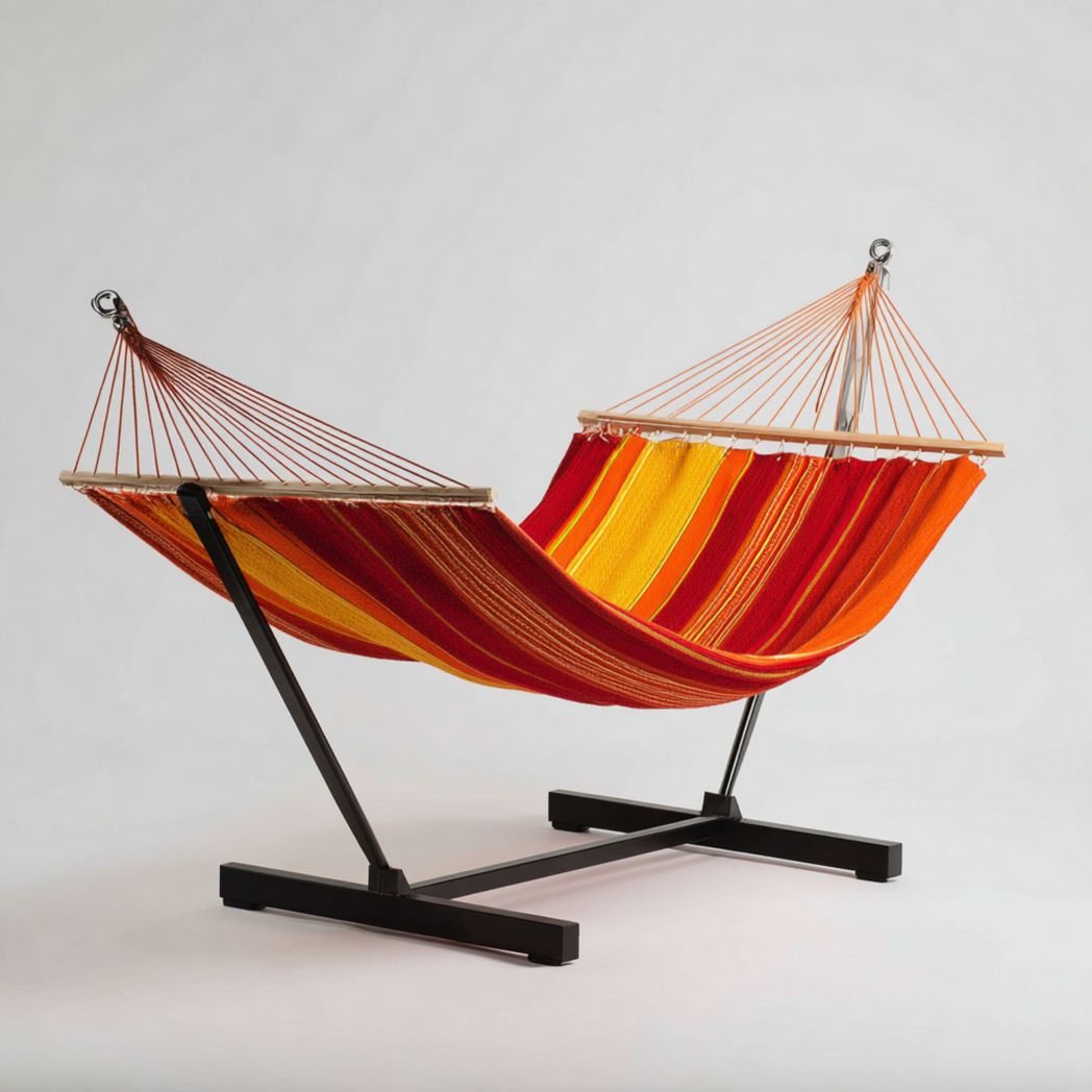 Hamac à rayures rouges, orange et jaunes avec support métallique noir vertical