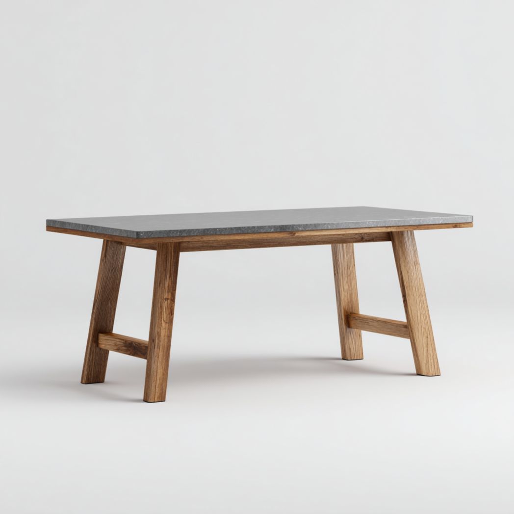 Table à manger rectangulaire plateau en pierre grise pieds en bois naturel