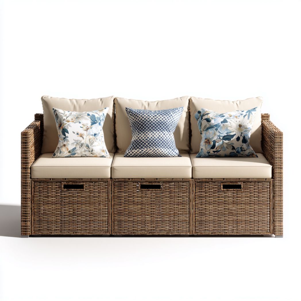 Canapé de jardin en rotin brun avec coussins beiges et dossiers décoratifs trois places