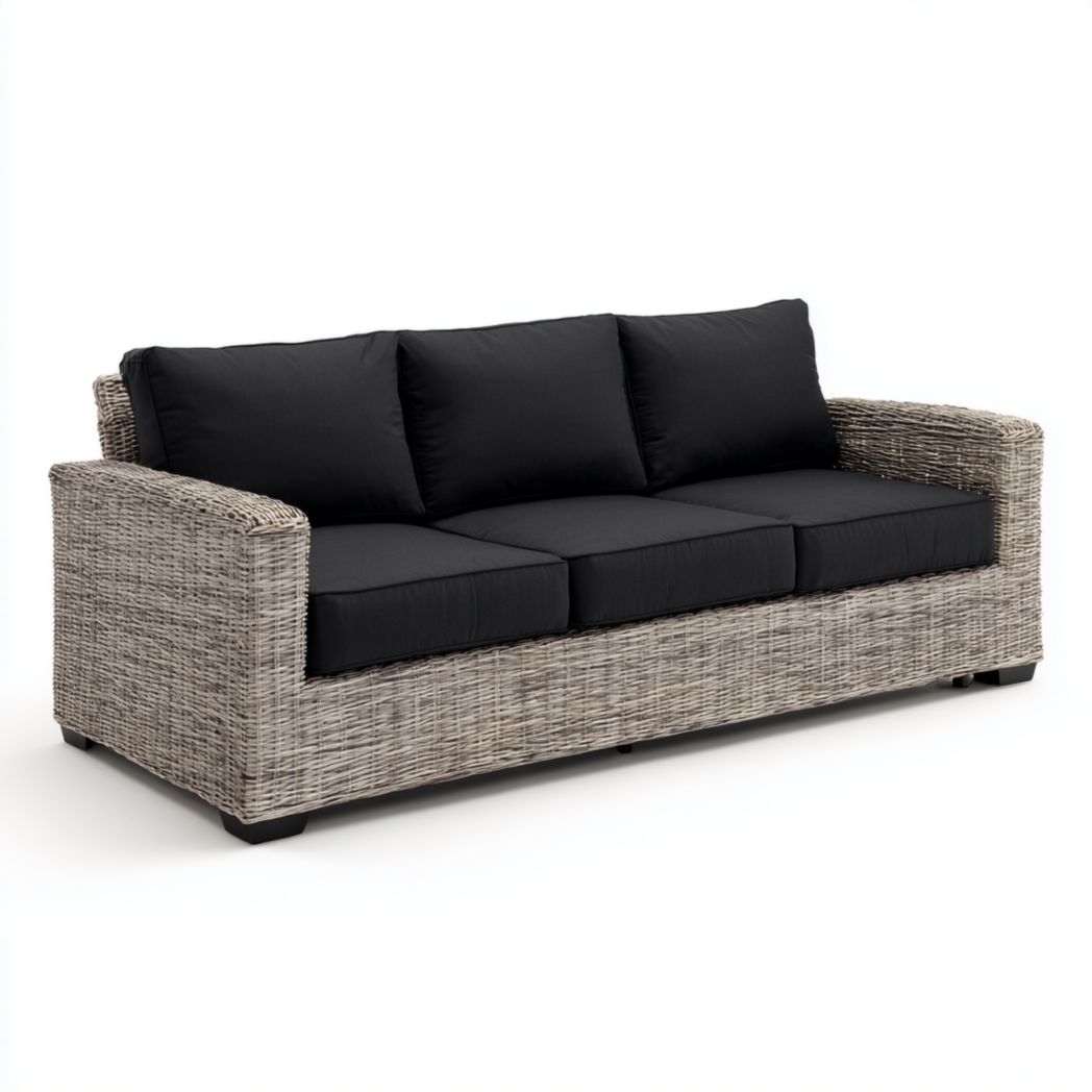 Canapé de jardin trois places en rotin gris avec coussins et dossiers noirs