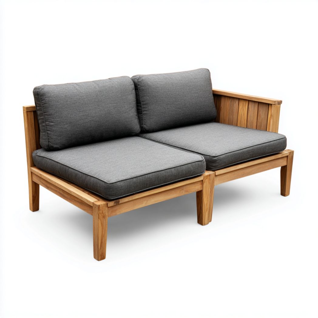 Canapé de jardin en bois naturel avec coussins et dossiers gris foncé