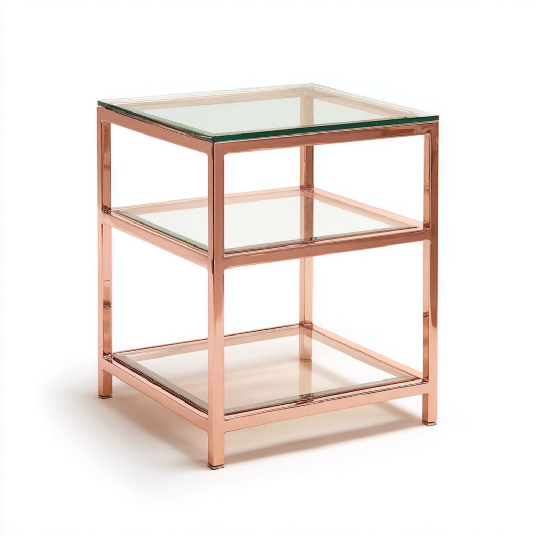 Table d’appoint carrée à trois niveaux en verre et cadre métallique couleur or rose