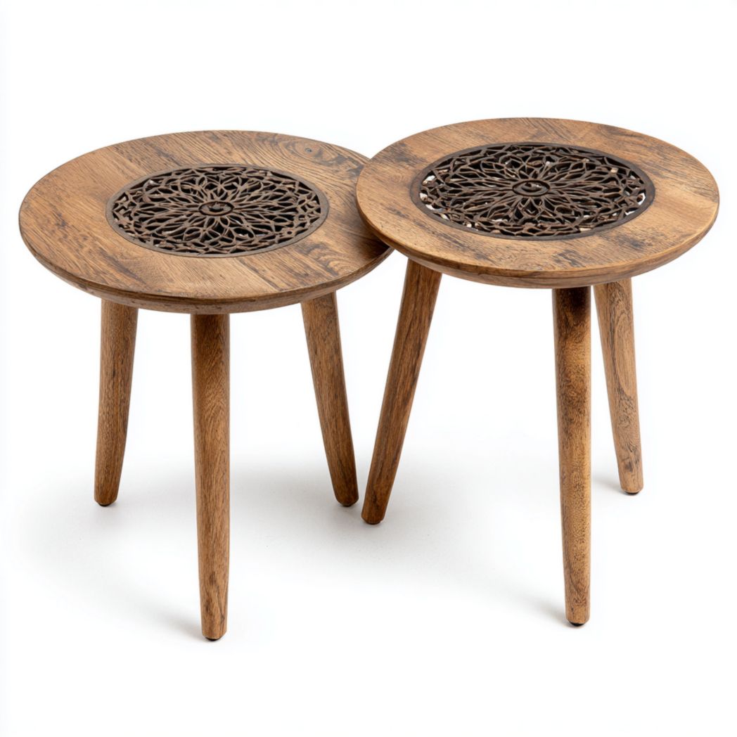 Tables d’appoint rondes en bois avec décor ajouré
