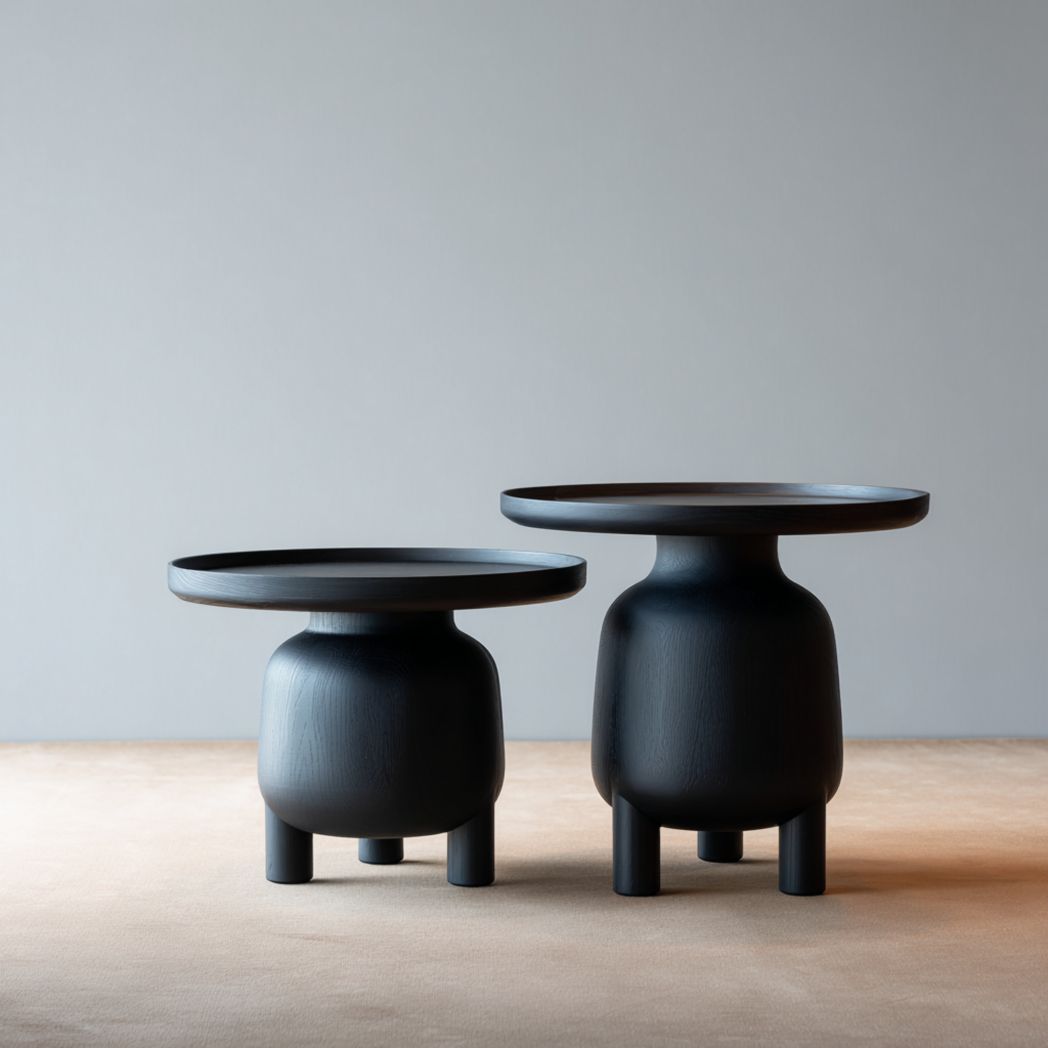 Ensemble de tables d’appoint noires en bois avec plateau rond et base galbée