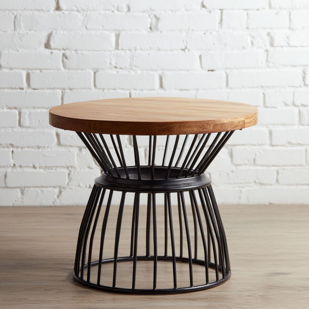 Table d’appoint ronde avec plateau en bois et structure métallique noire