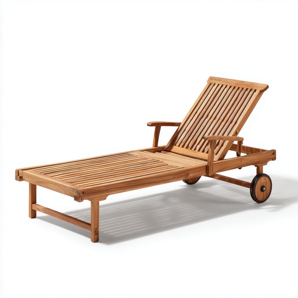 Bain de soleil en bois à lattes avec accoudoirs