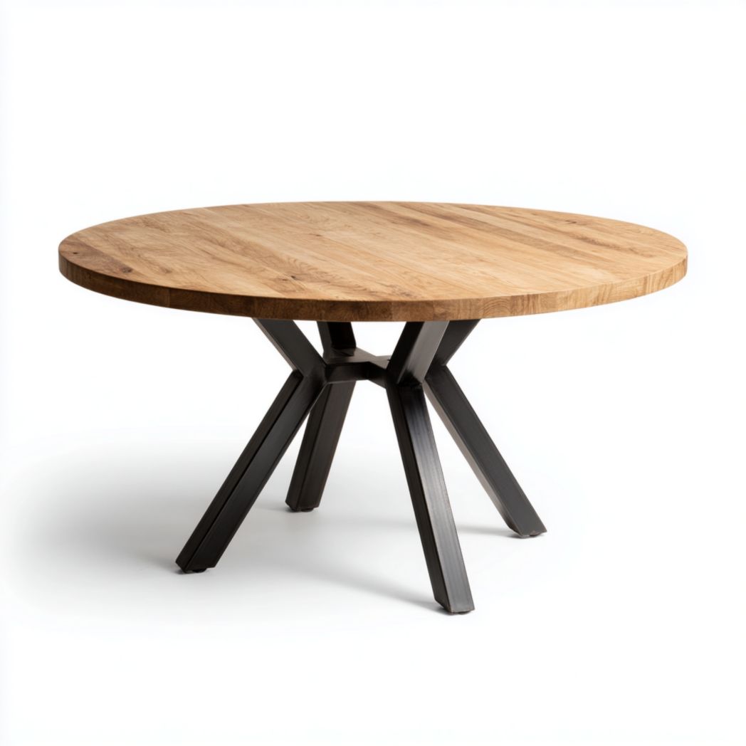 Table à manger ronde plateau bois chêne avec piètement croisé en métal noir
