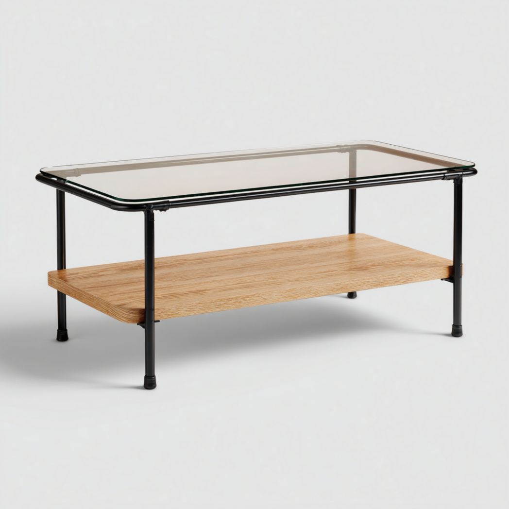 Table basse rectangulaire avec plateau en verre, tablette en bois et structure métallique noire