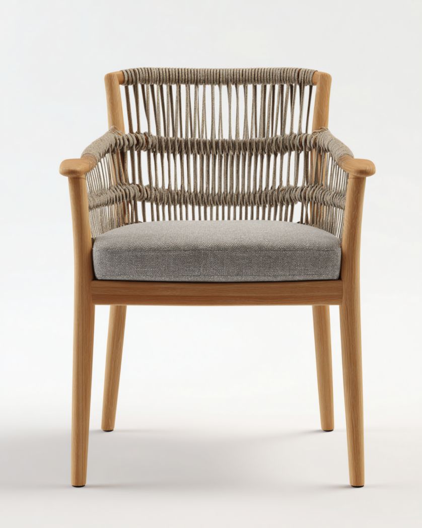 Chaise de jardin en bois avec assise grise et dossier en cordage