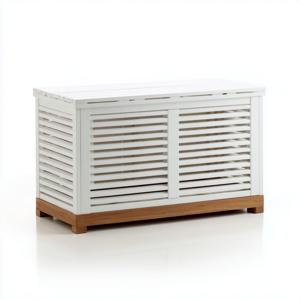 Coffre de jardin rectangulaire en bois blanc à lattes avec base couleur bois