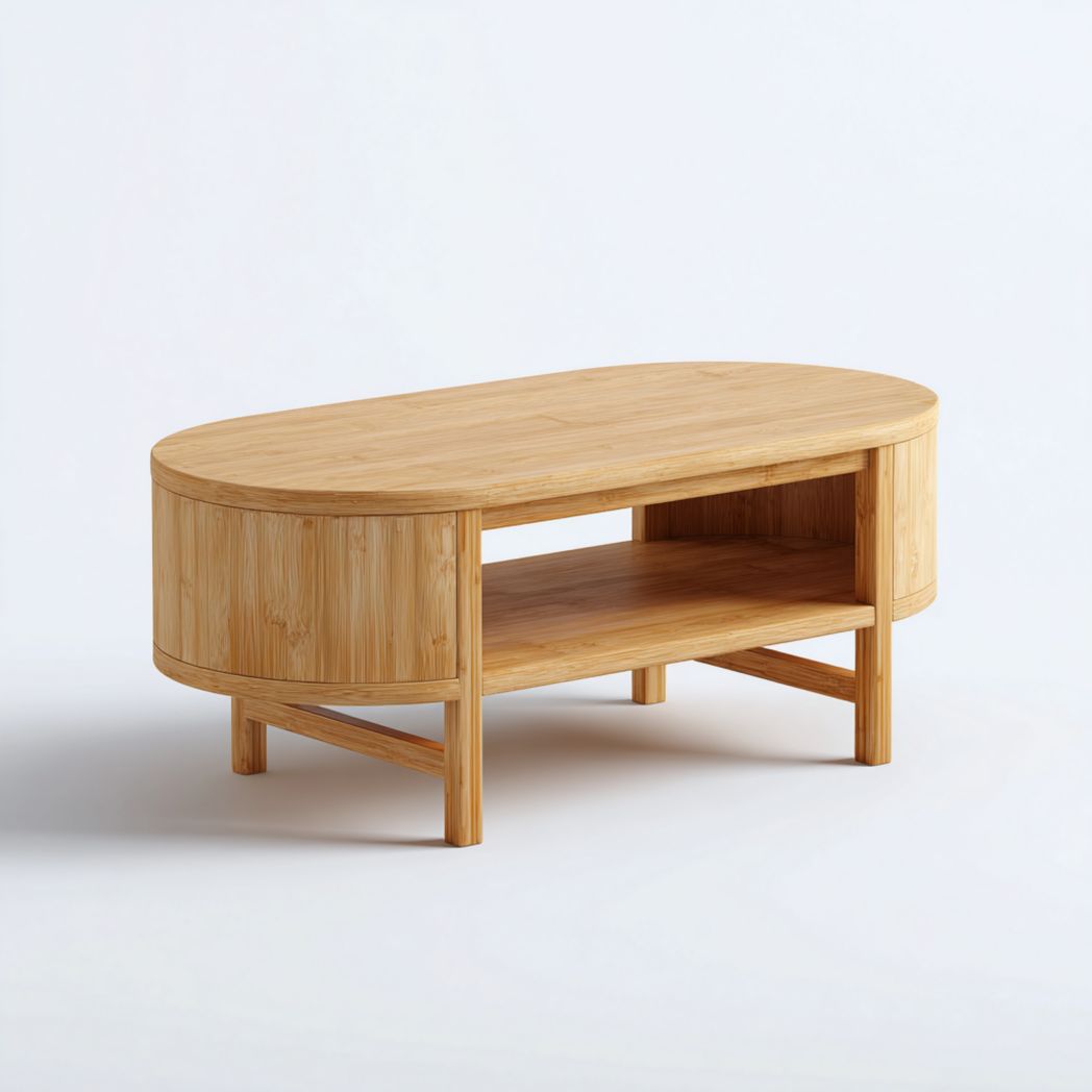 Table basse en bois clair de forme ovale avec tablette inférieure