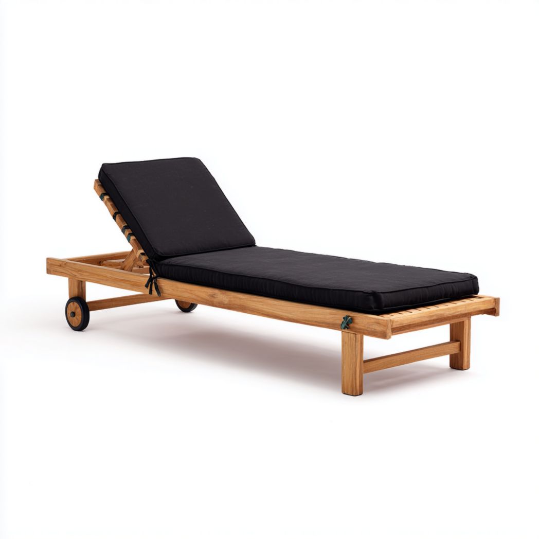 Bain de soleil en bois massif avec coussin noir et dossier réglable