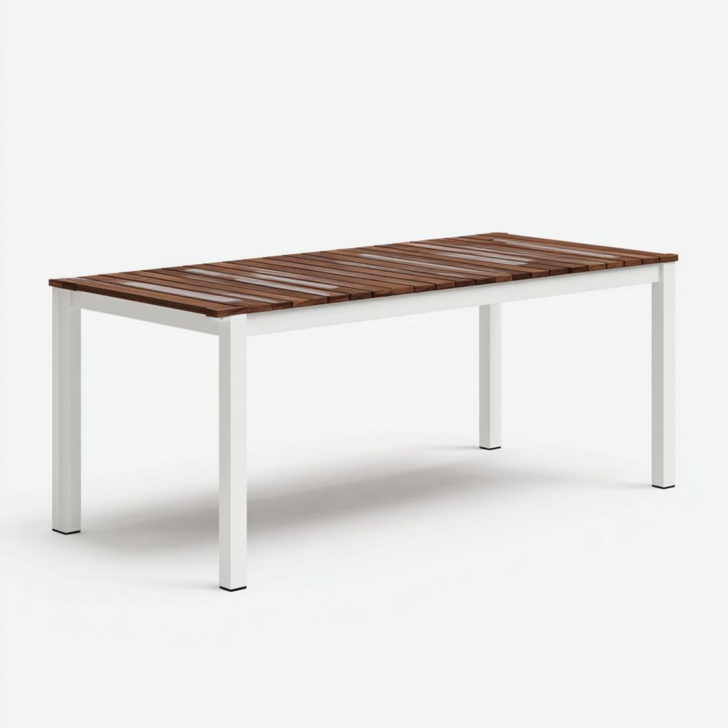 Table de jardin rectangulaire avec cadre blanc et plateau en lattes de bois marron