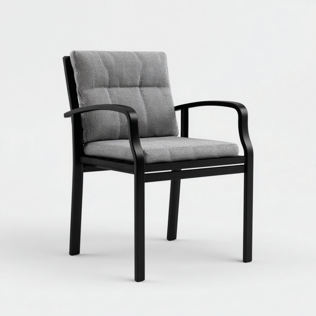 Chaise de jardin avec structure en métal noir et coussins gris rembourrés