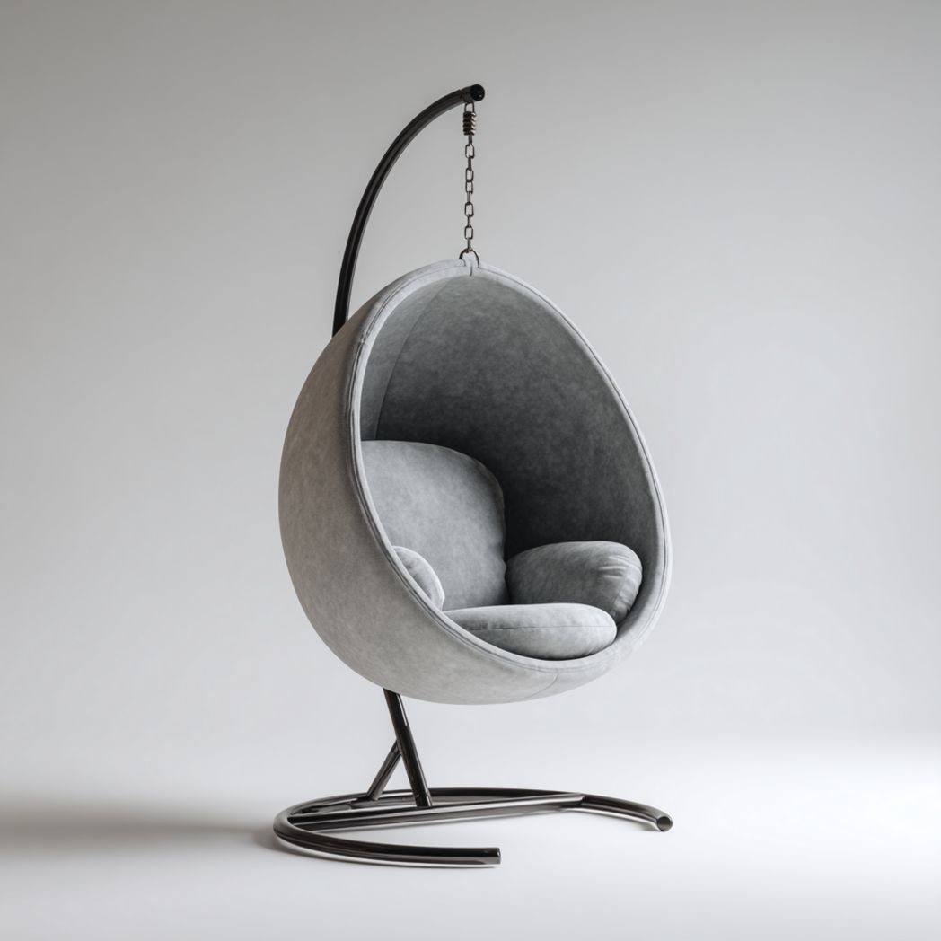 Fauteuil suspendu rond gris avec support en métal et coussins en tissu