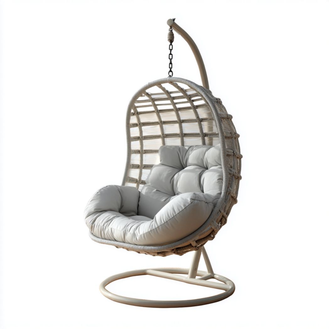 Fauteuil suspendu tressé beige avec coussins gris clair et support métallique