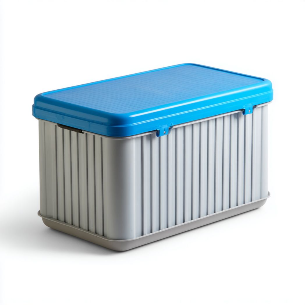 Coffre de jardin rectangulaire en plastique gris à couvercle bleu rabattable
