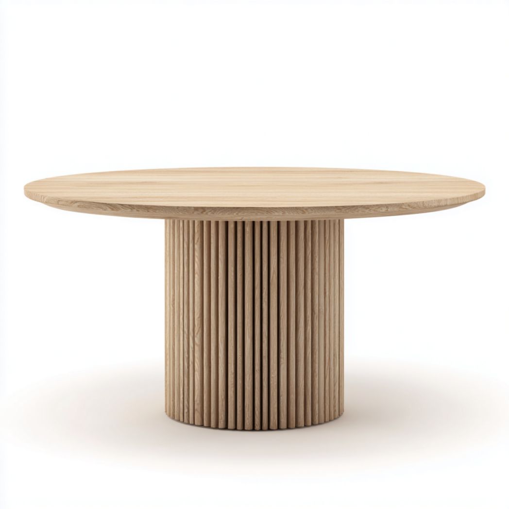 Table à manger ronde finition bois naturel base cylindrique en lattes