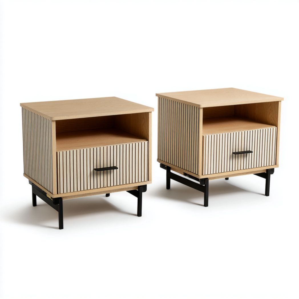 Lot de 2 tables de chevet en bois clair avec façade à rayures, tiroir et base en métal noir