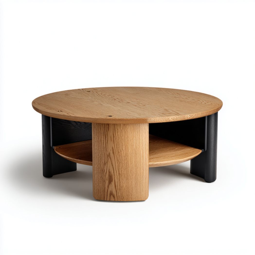 Table basse ronde en bois bicolore clair et foncé avec tablette inférieure