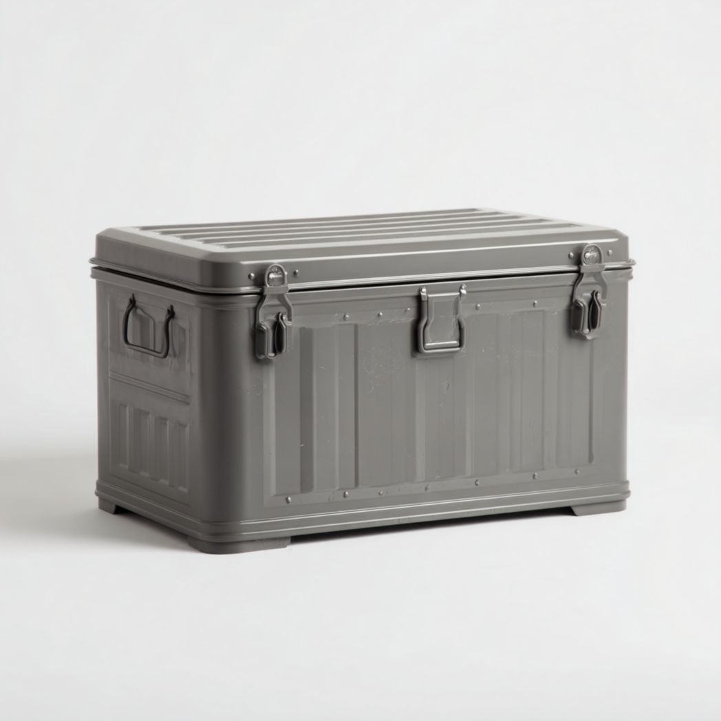 Coffre de jardin rectangulaire en métal gris avec couvercle rabattable et loquets