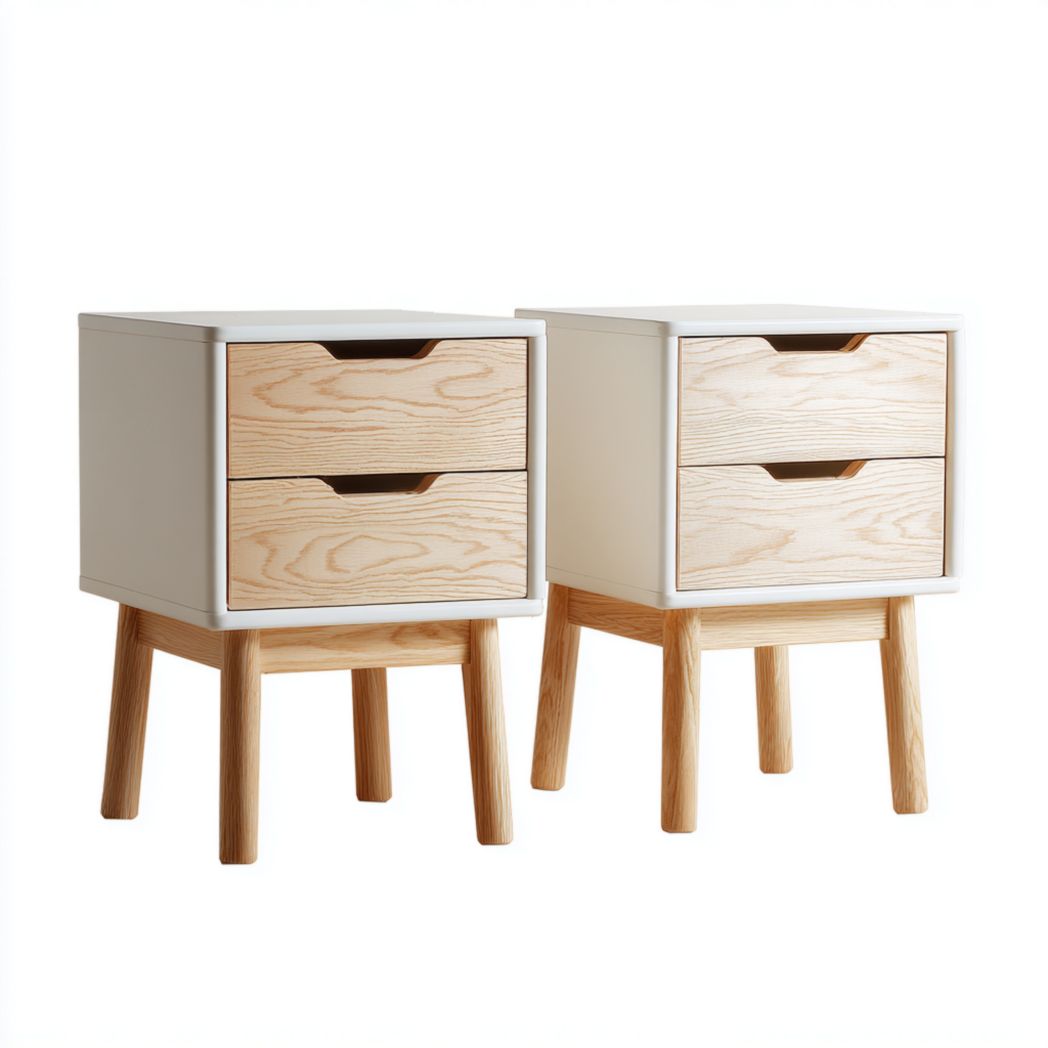 Lot de 2 tables de chevet en bois blanc et bois clair avec deux tiroirs