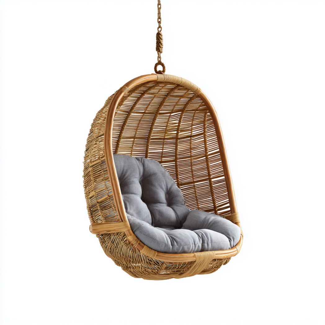 Fauteuil suspendu en rotin avec coussins gris et chaîne de suspension