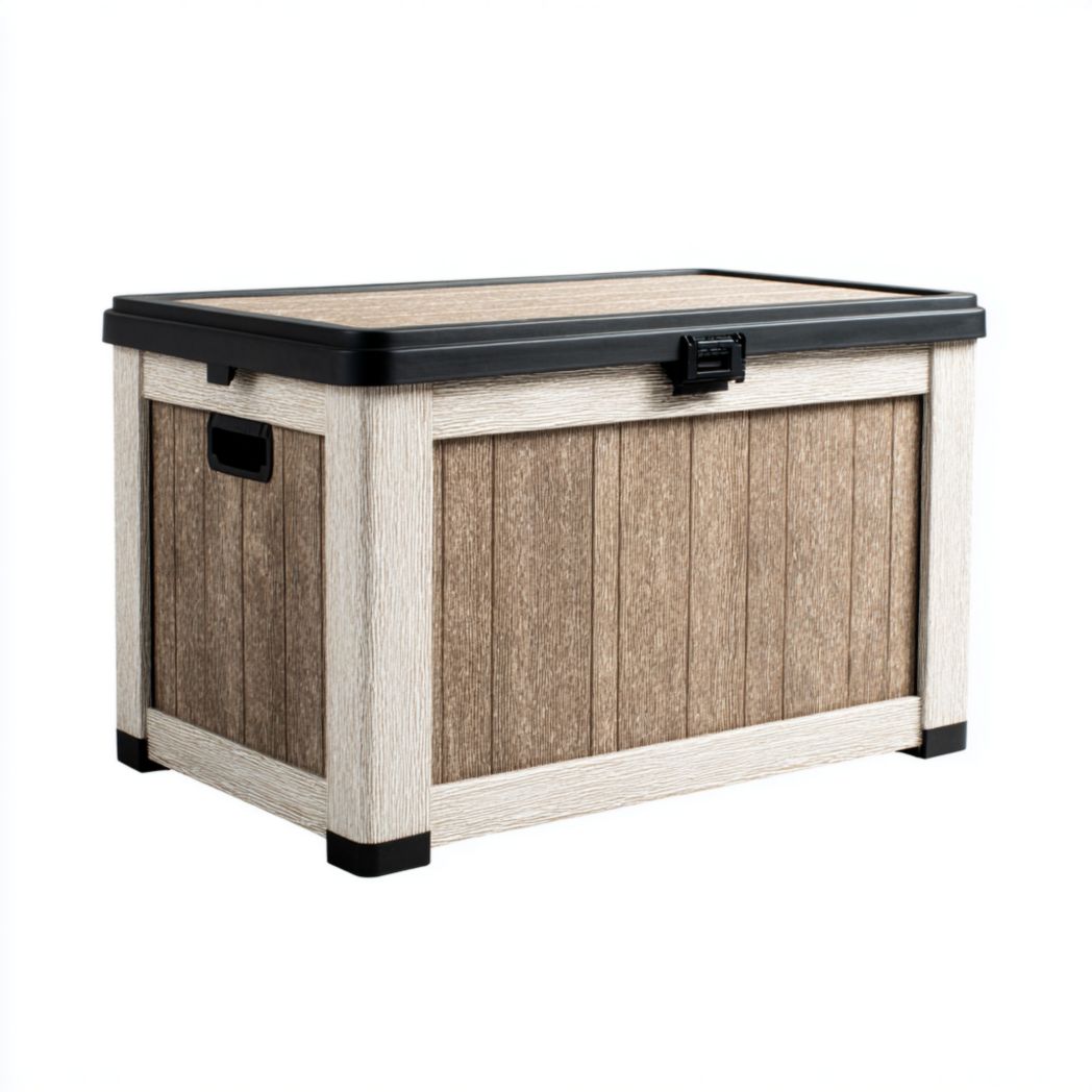 Coffre de jardin rectangulaire effet bois brun avec cadre gris clair et couvercle noir