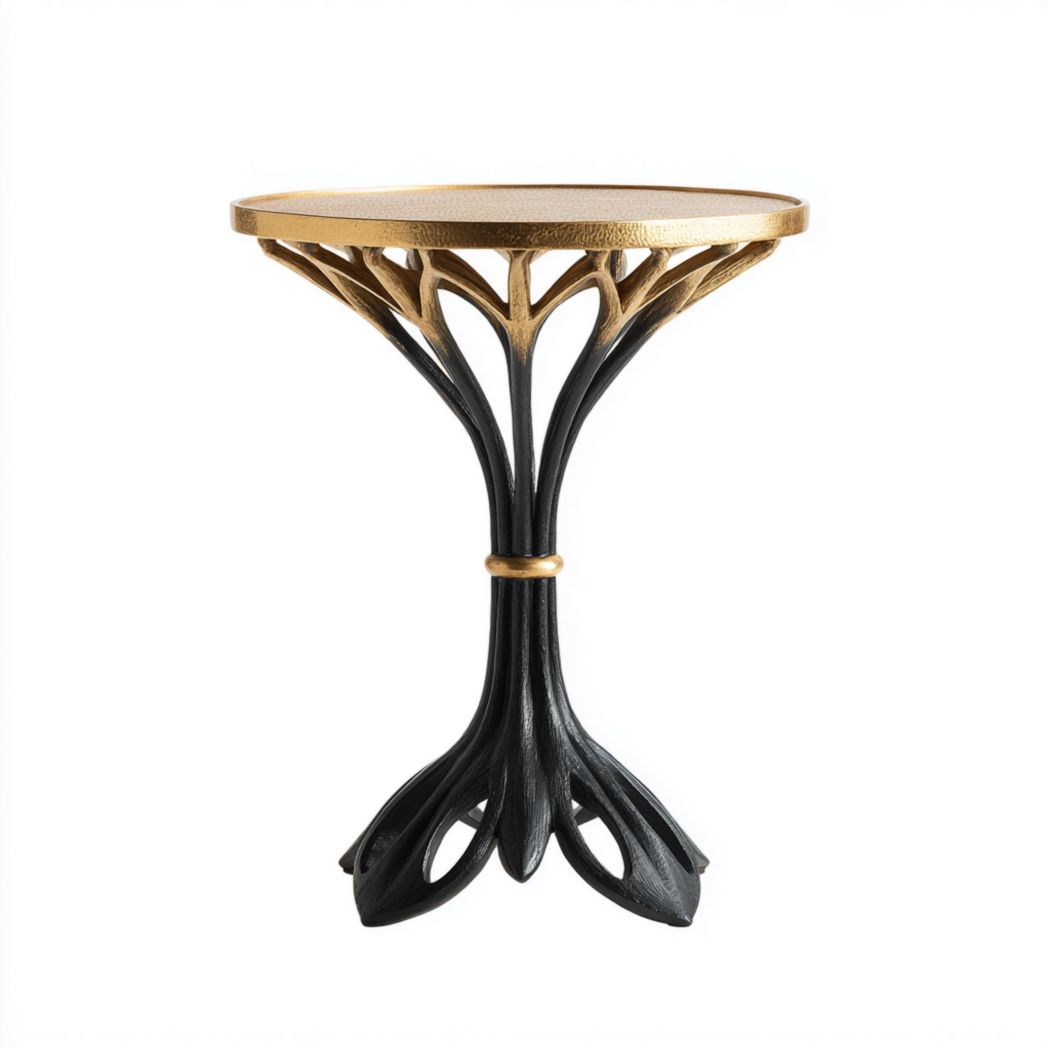 Table d’appoint ronde en métal noir et doré avec piètement ajouré
