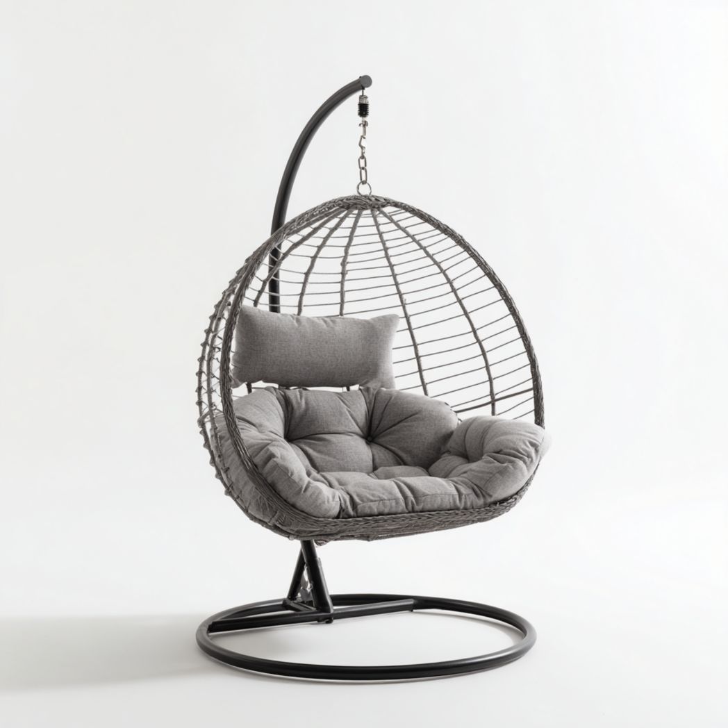 Fauteuil suspendu rond en rotin gris avec support métallique noir et coussins gris