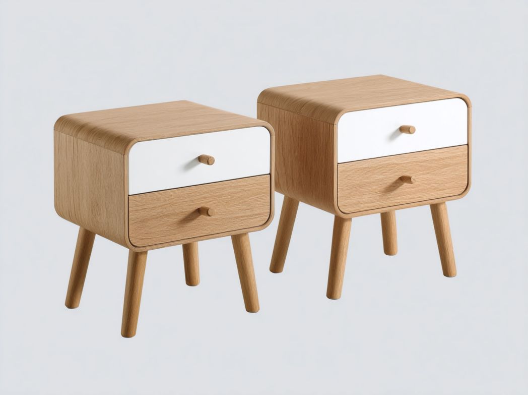 Lot de 2 tables de chevet en bois avec tiroirs bicolores blanc et bois clair, coins arrondis