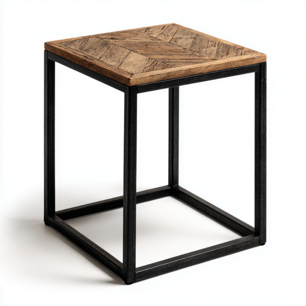 Table d’appoint carrée bois marqueté et structure métallique noire
