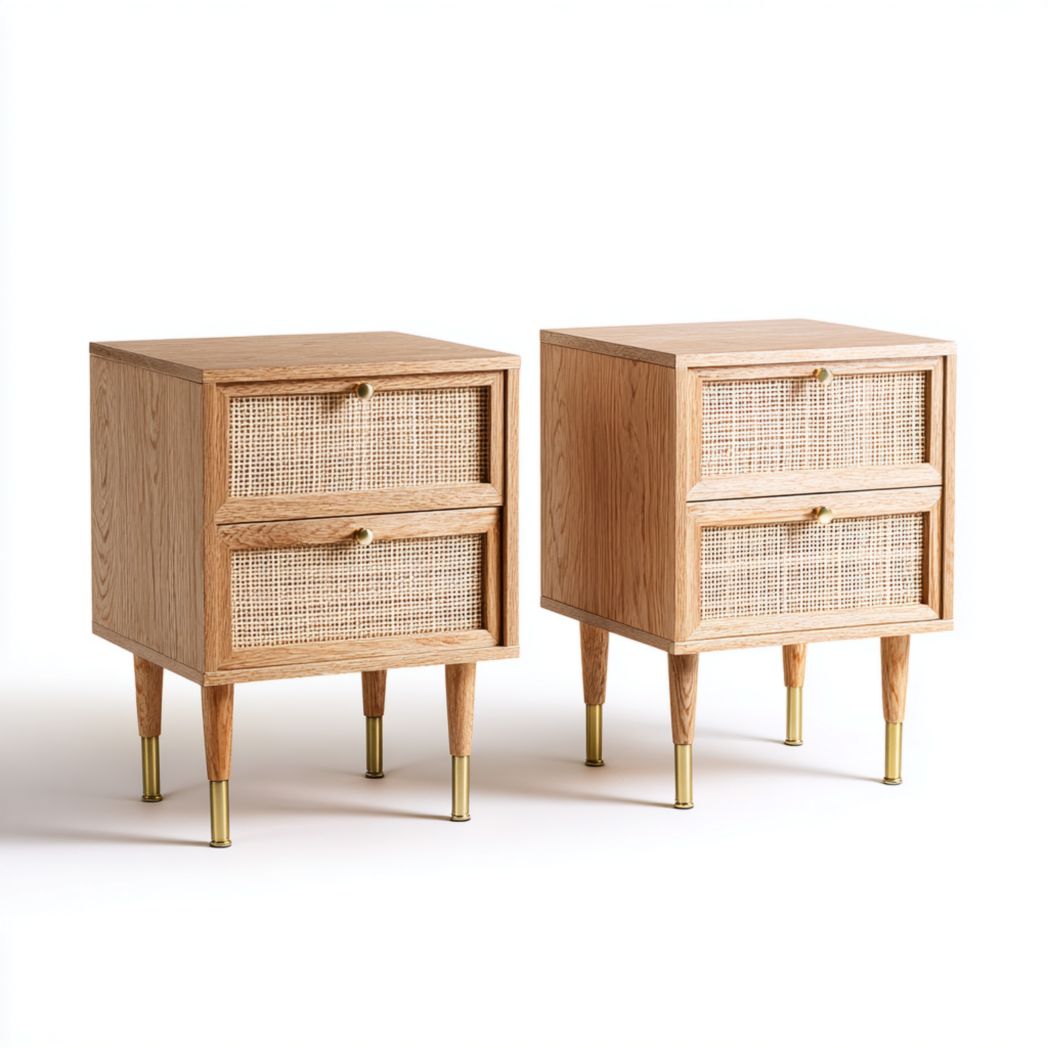 Lot de 2 tables de chevet en bois clair à 2 tiroirs avec façade en rotin et pieds à embouts métalliques