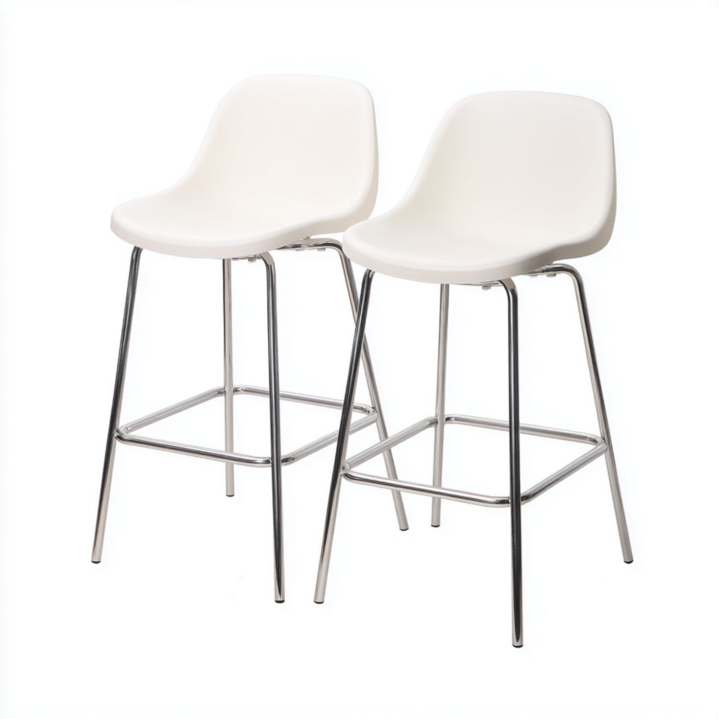 Lot de 2 tabourets hauts avec assise en plastique blanc et piètement en métal chromé