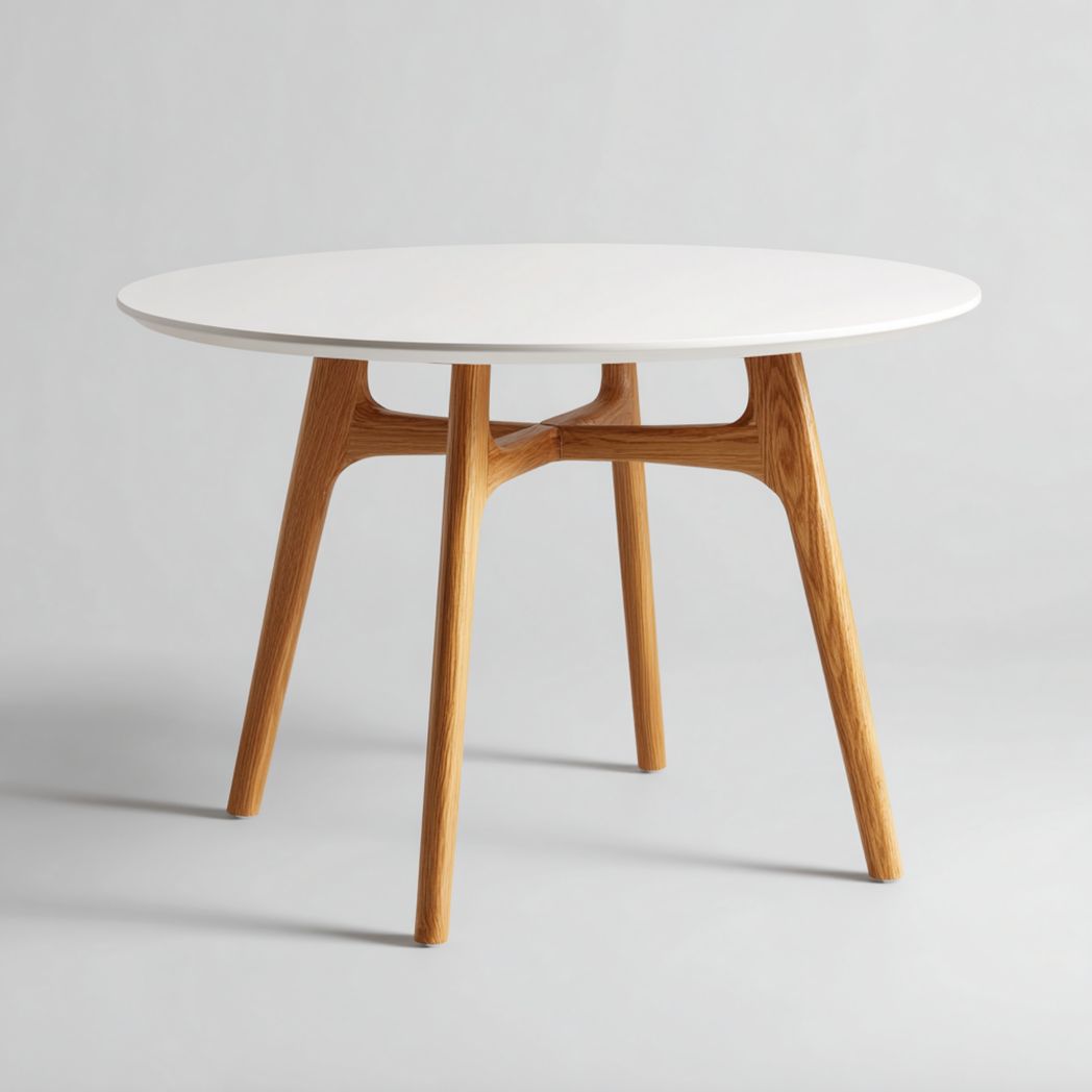 Table à manger ronde plateau blanc support bois couleur chêne naturel
