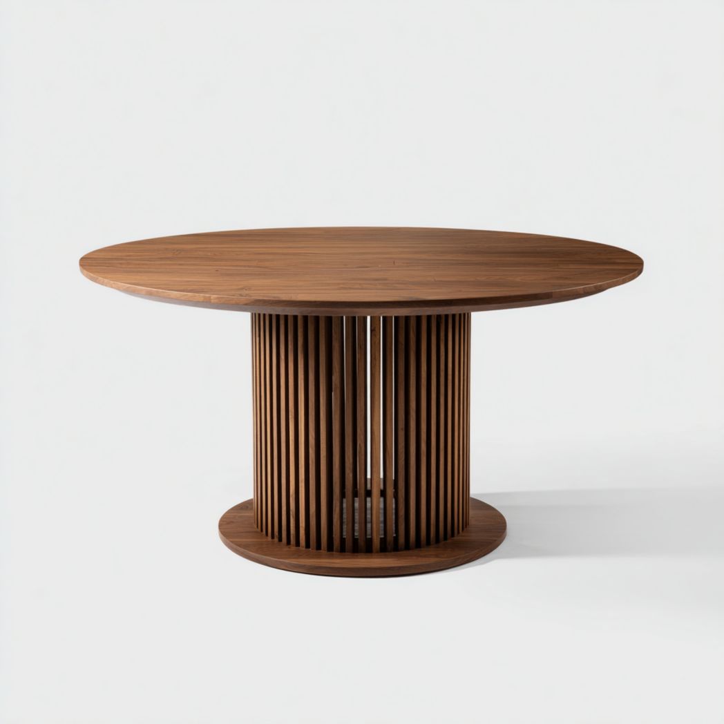 Table à manger ronde finition noyer plateau bois piètement central à lattes ajourées