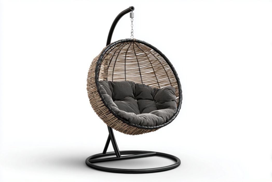 Fauteuil suspendu rond en rotin avec support métallique noir et coussins gris foncé