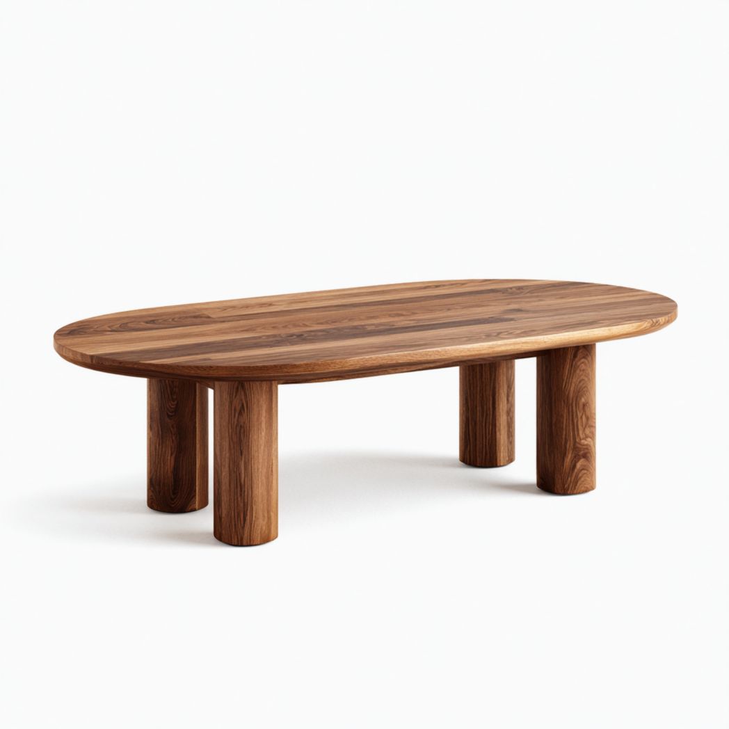 Table basse ovale en bois brun foncé avec pieds cylindriques