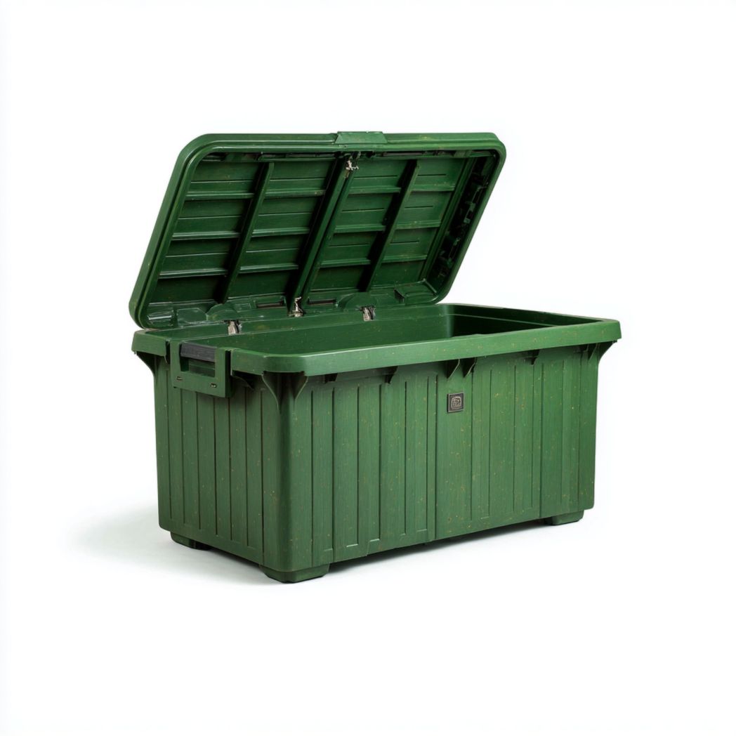 Coffre de jardin en plastique vert avec couvercle rabattable et poignées latérales