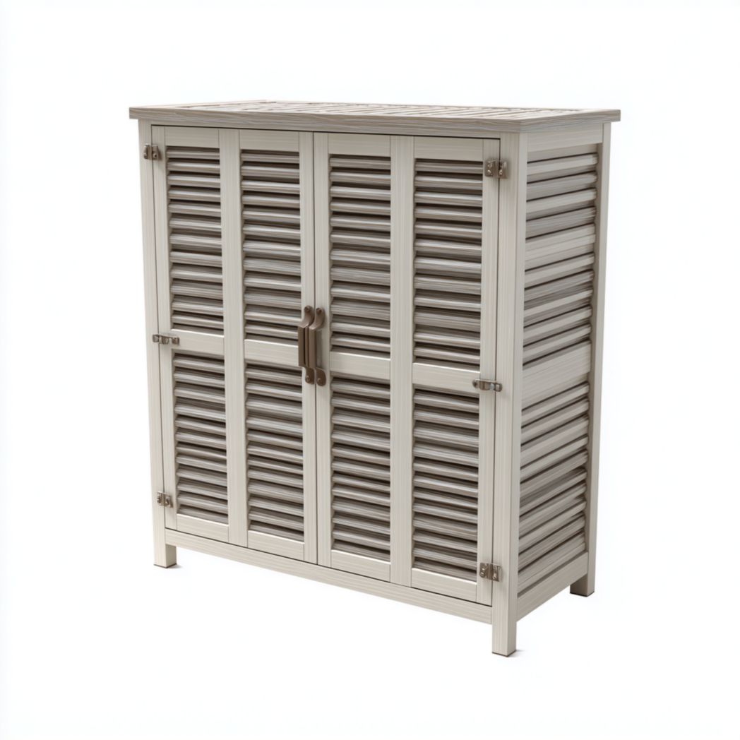 Coffre de jardin à deux portes en plastique blanc cassé et gris rayé