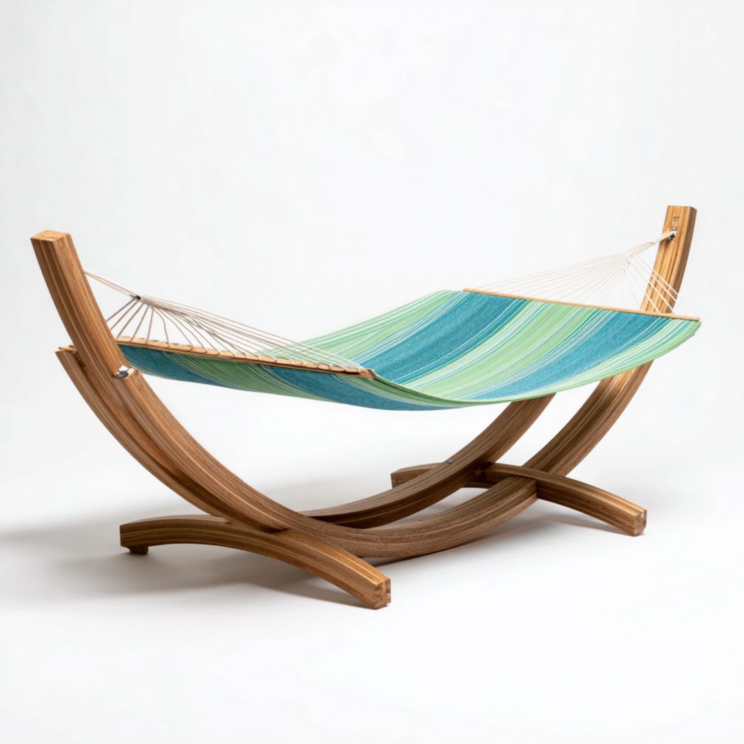 Hamac à rayures bleu et vert avec support en bois courbé