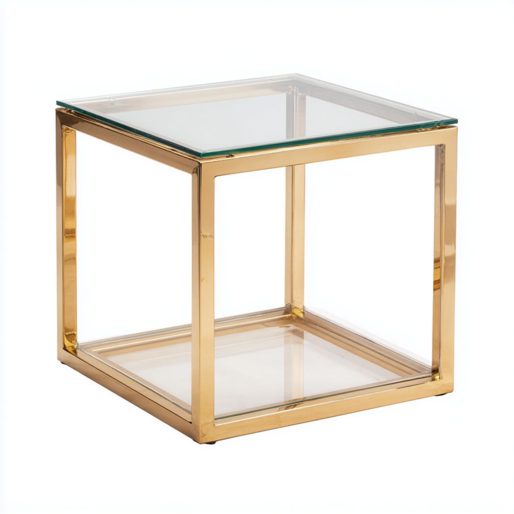 Table d’appoint carrée en métal doré avec plateau en verre transparent