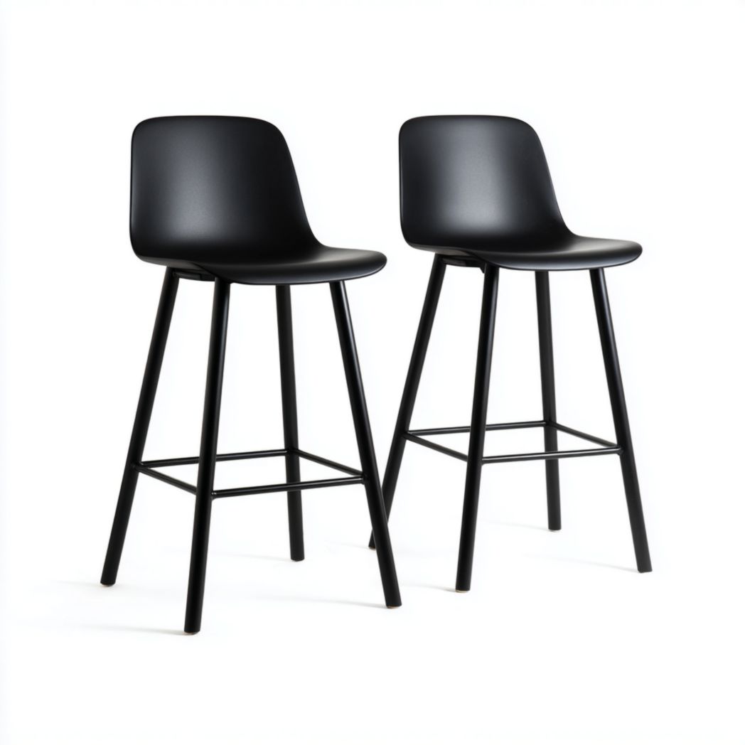 Lot de deux tabourets hauts noirs avec assise plastique et pieds métalliques