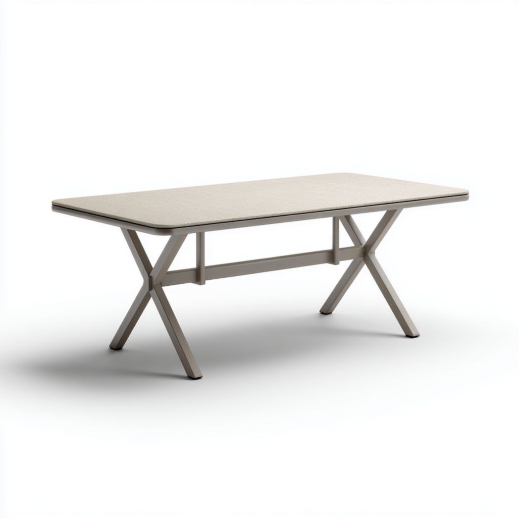 Table de jardin rectangulaire avec plateau clair et pieds croisés en métal gris clair