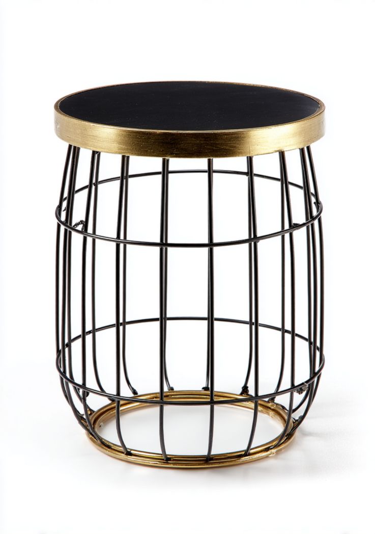 Table d’appoint ronde métal noir avec bordure dorée et plateau noir