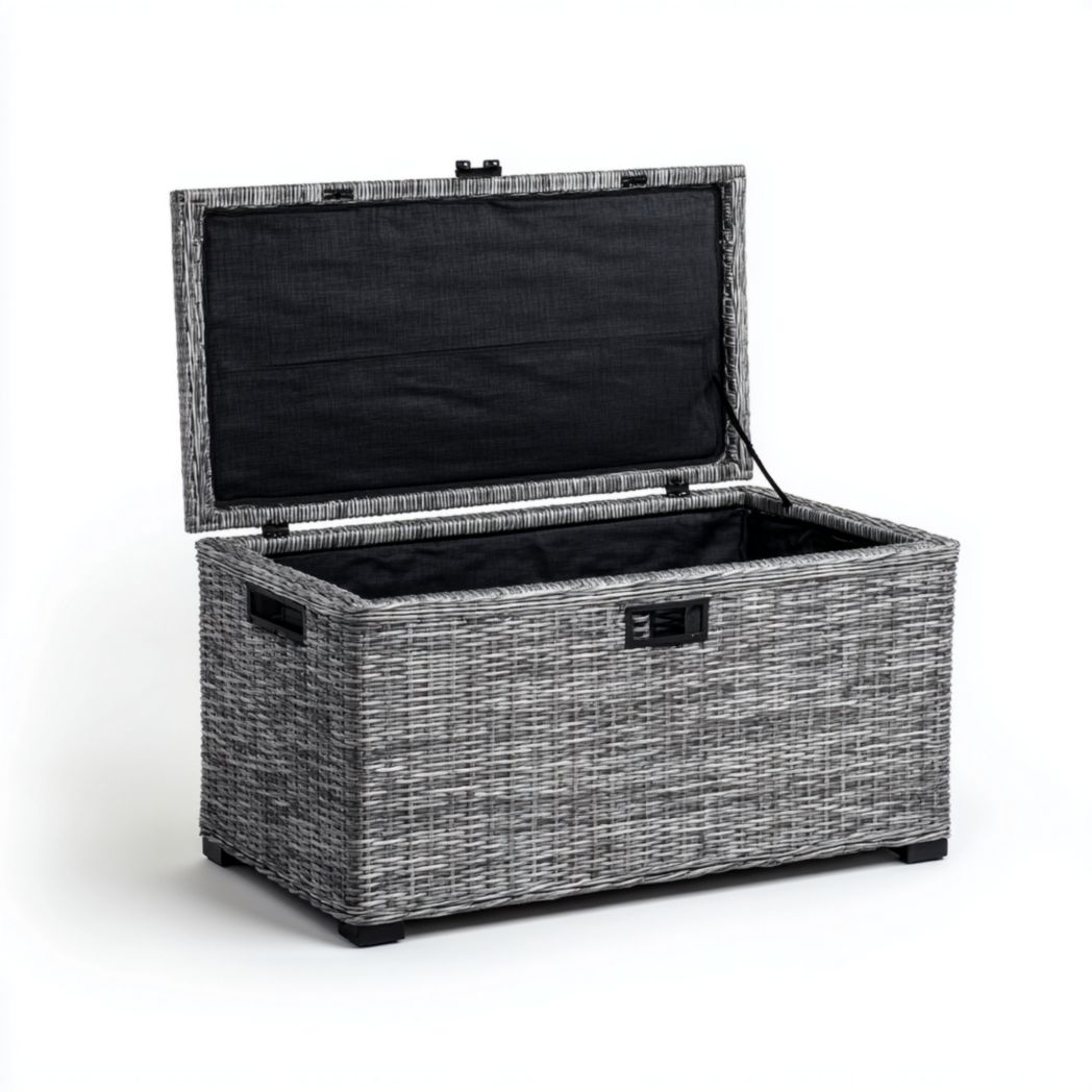 Coffre de jardin rectangulaire en résine tressée grise avec couvercle rabattable